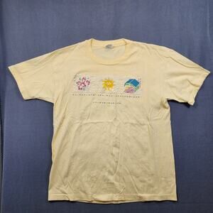 Vintage Womens Top XL Yellow ARKANSAS Short Sleeve Single Stitch Floral Sun USA